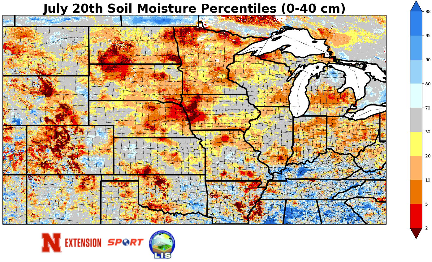 Map showing July 20th soil moisture percentiles (0-40 cm) across the Midwest and Great Plains, color-coded.