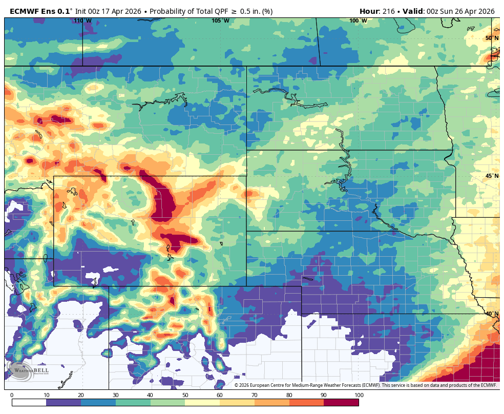 Color-coded map showing precipitation probability across the central U.S. for April 26, 2026.