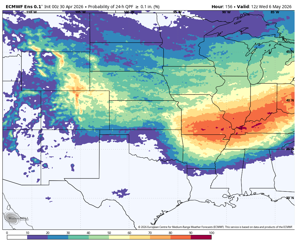 Weather map showing precipitation probability across the central United States with colorful gradients.