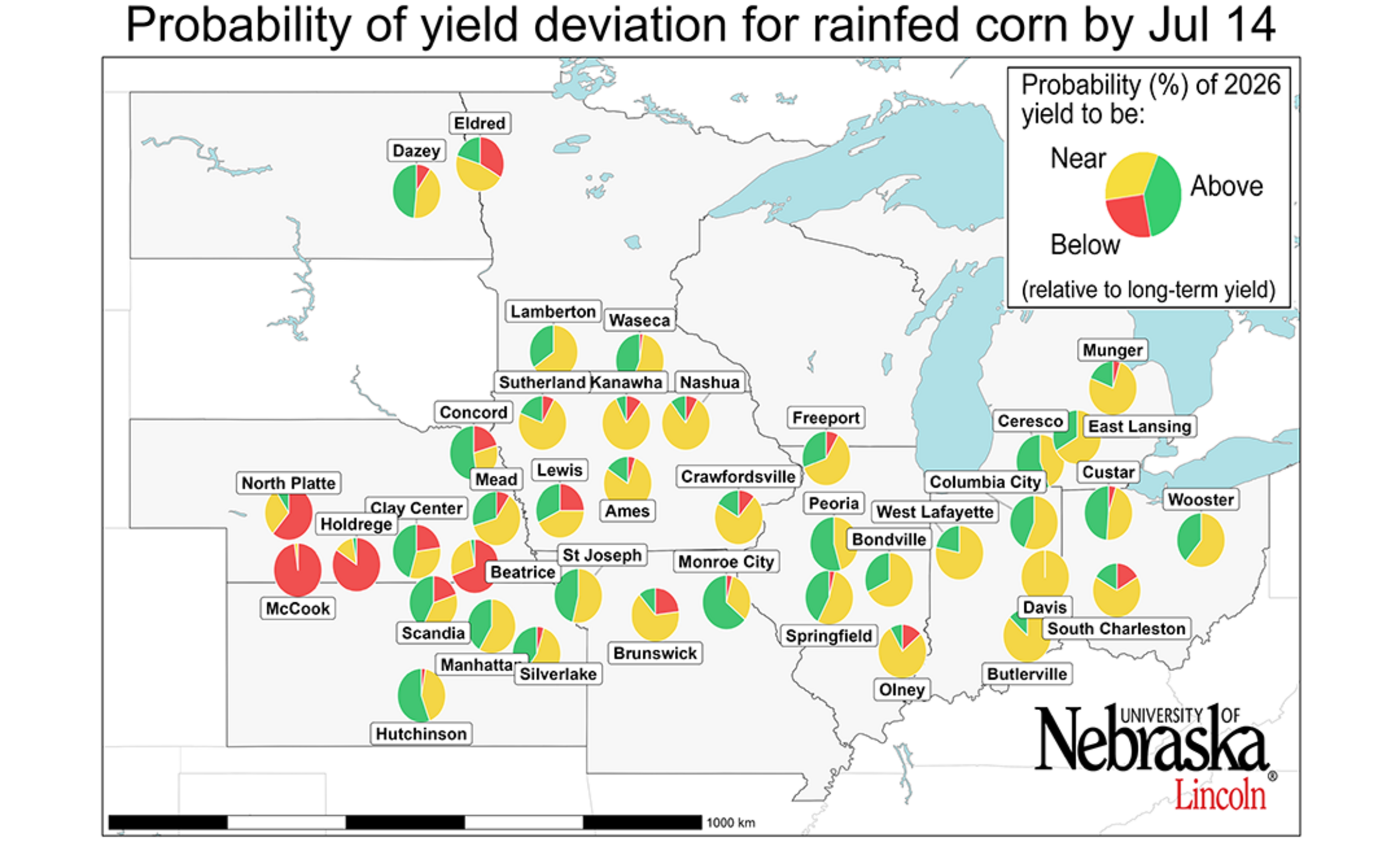 Map showing probability of rainfed corn yield deviation across U.S. regions with pie chart markers.