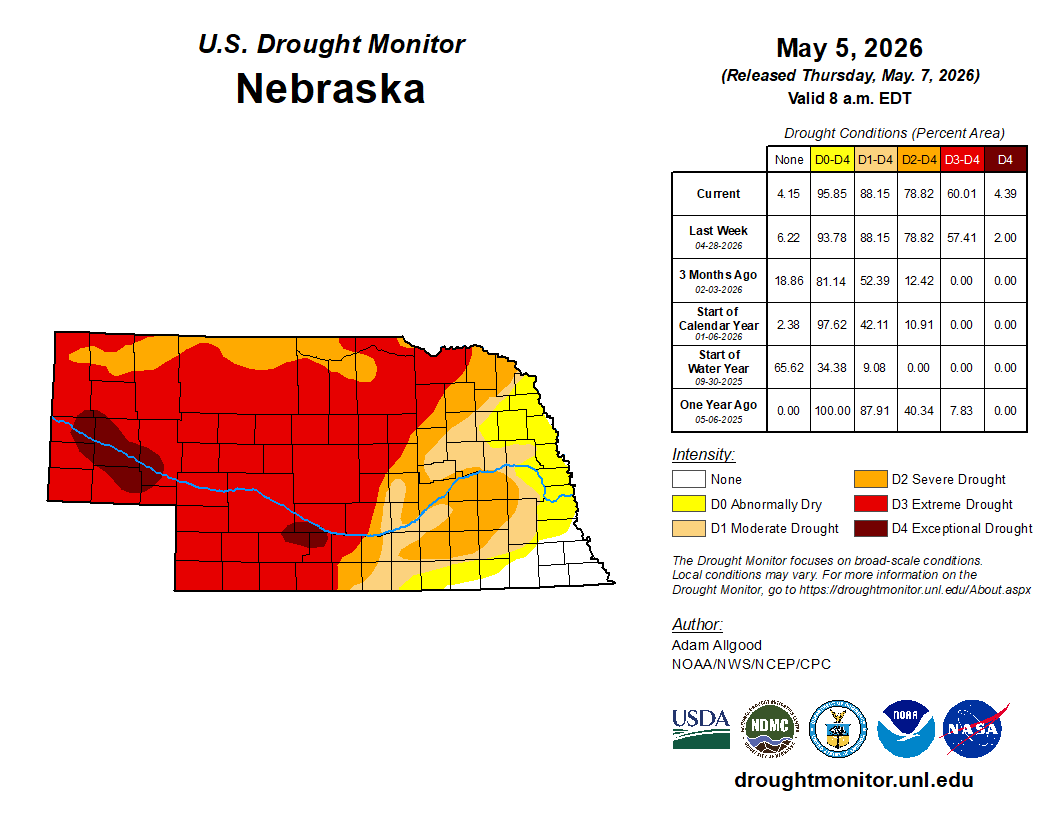 Nebraska drought map showing varying levels of dryness from yellow to red as of May 5, 2026.