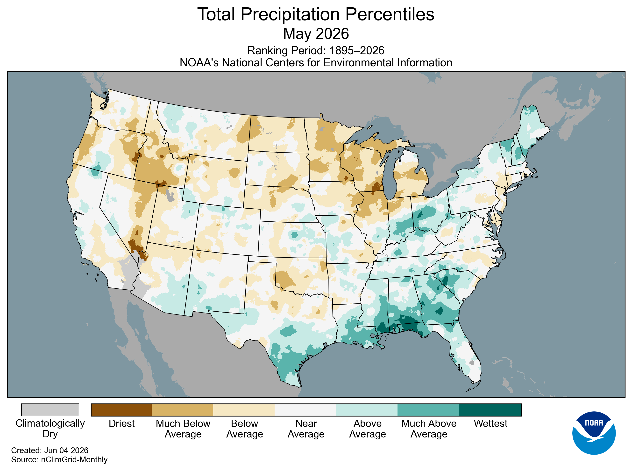 U.S. map showing total precipitation percentiles for May 2026, with varied dryness and wetness gradients.