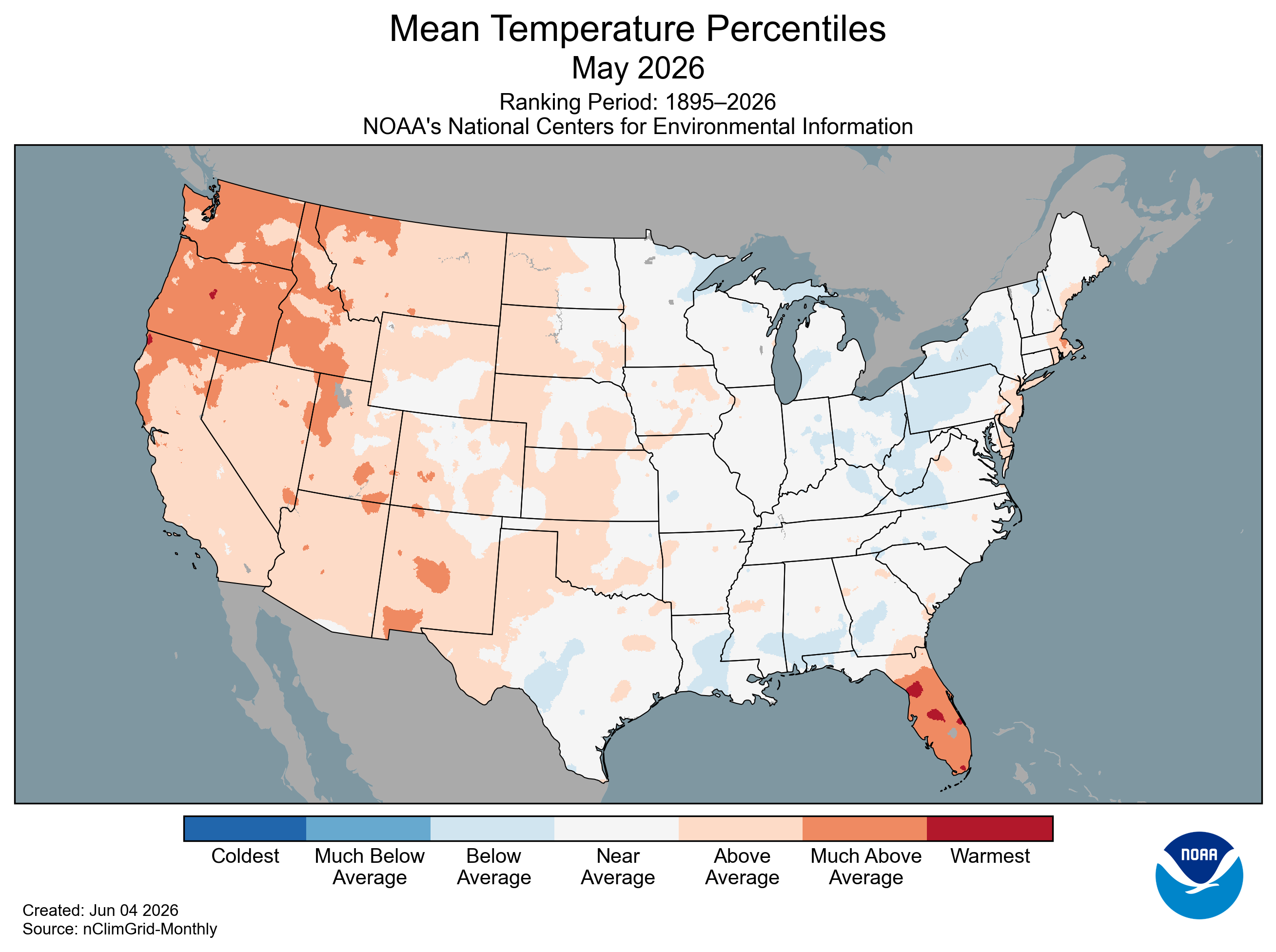 Map of the U.S. showing May 2026 temperature percentiles, ranging from coldest to warmest regions.