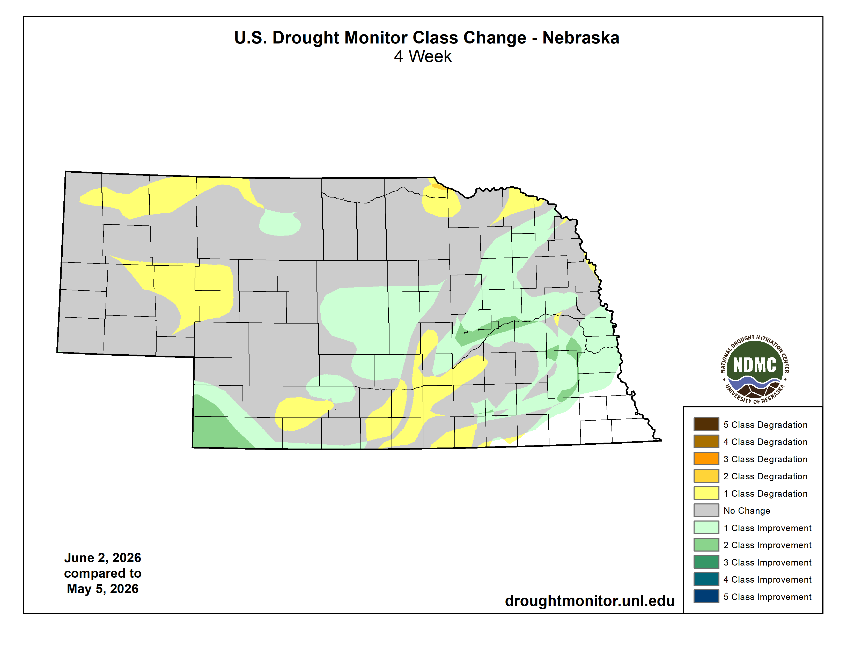 Nebraska map showing drought changes over four weeks with colored regions indicating degradation or improvement.