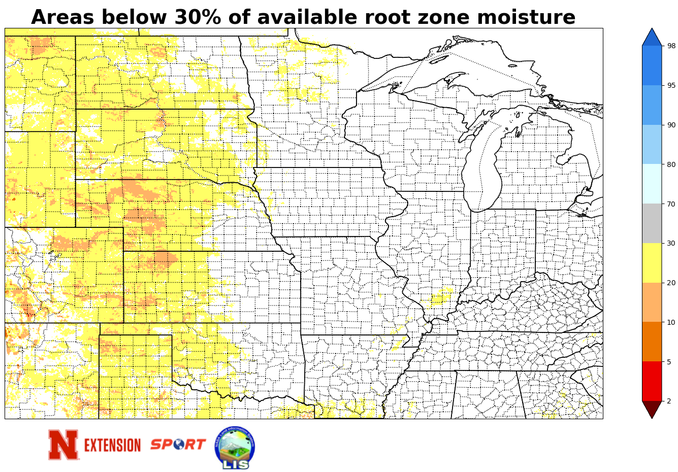 Map highlighting areas with below 30% root zone moisture in the central United States.