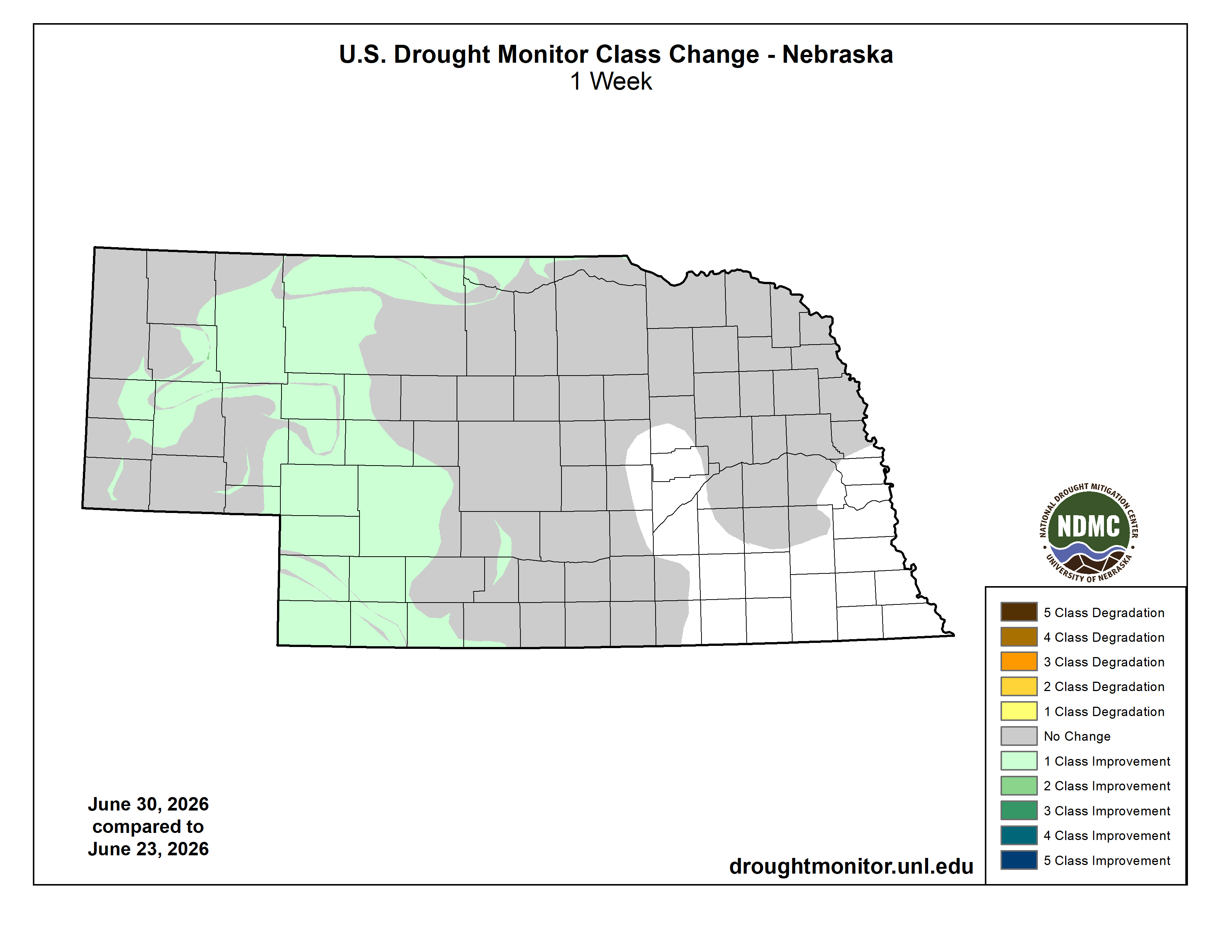Nebraska map showing one-week drought class changes with areas of improvement in green.
