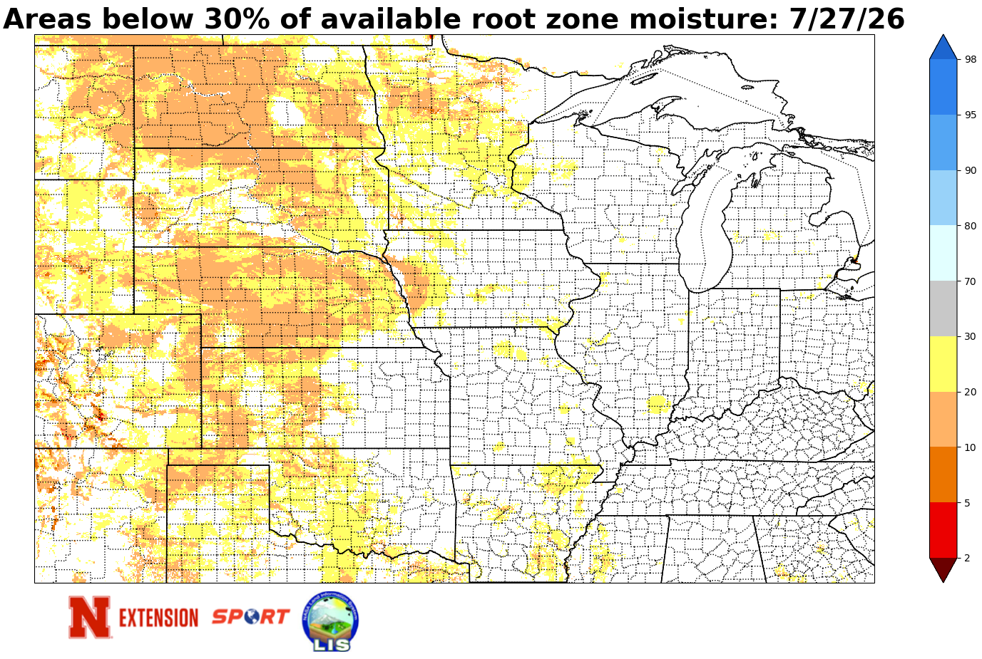 Map highlighting areas with low root zone moisture in the central United States, shaded in orange and yellow.