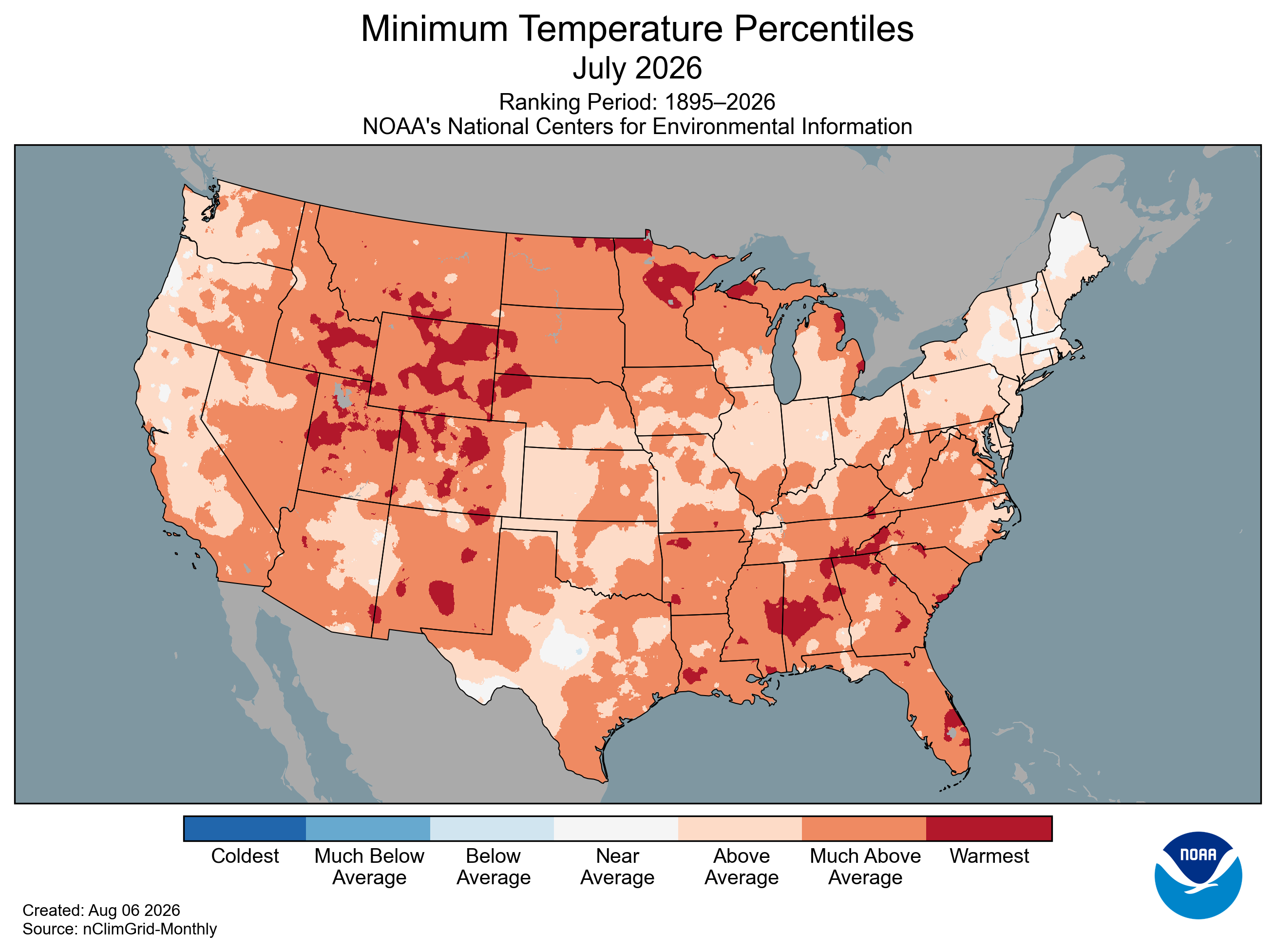 U.S. map showing minimum temperature percentiles for July 2026, with warmer regions shaded in red.