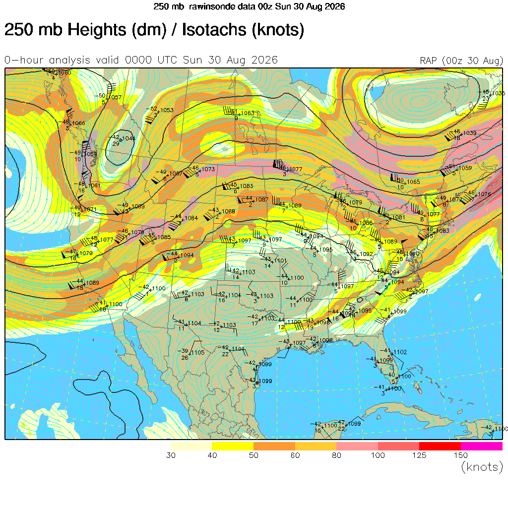 Jet stream map showing wind speeds and 250 mb heights over the United States, color-coded by intensity.