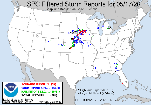 Weather map showing storm reports across the U.S. with tornado, wind, and hail events marked.