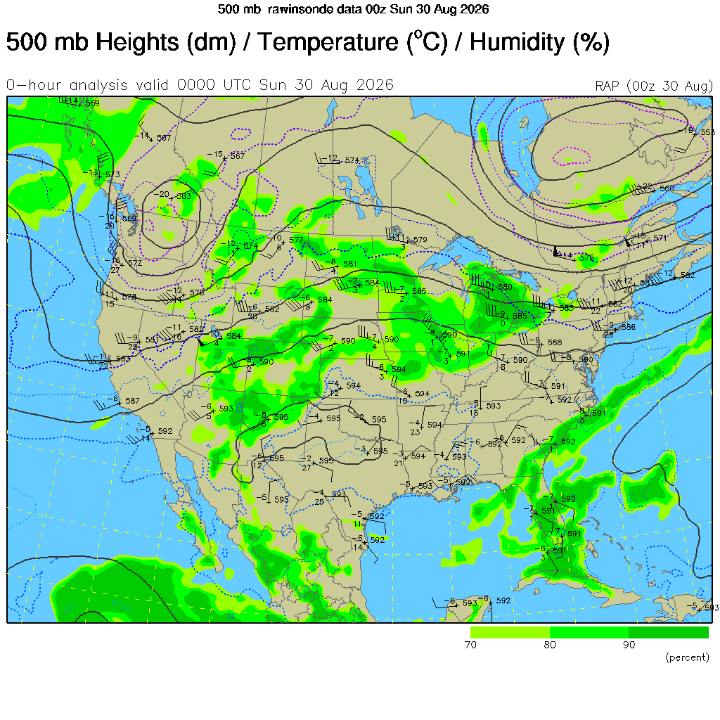 Weather map showing 500mb height, temperature, and humidity across North America with green precipitation areas.