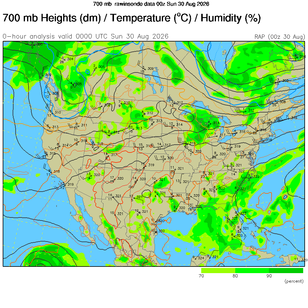 Weather map showing 700 mb pressure heights, temperature (°C), and humidity (%) across North America.
