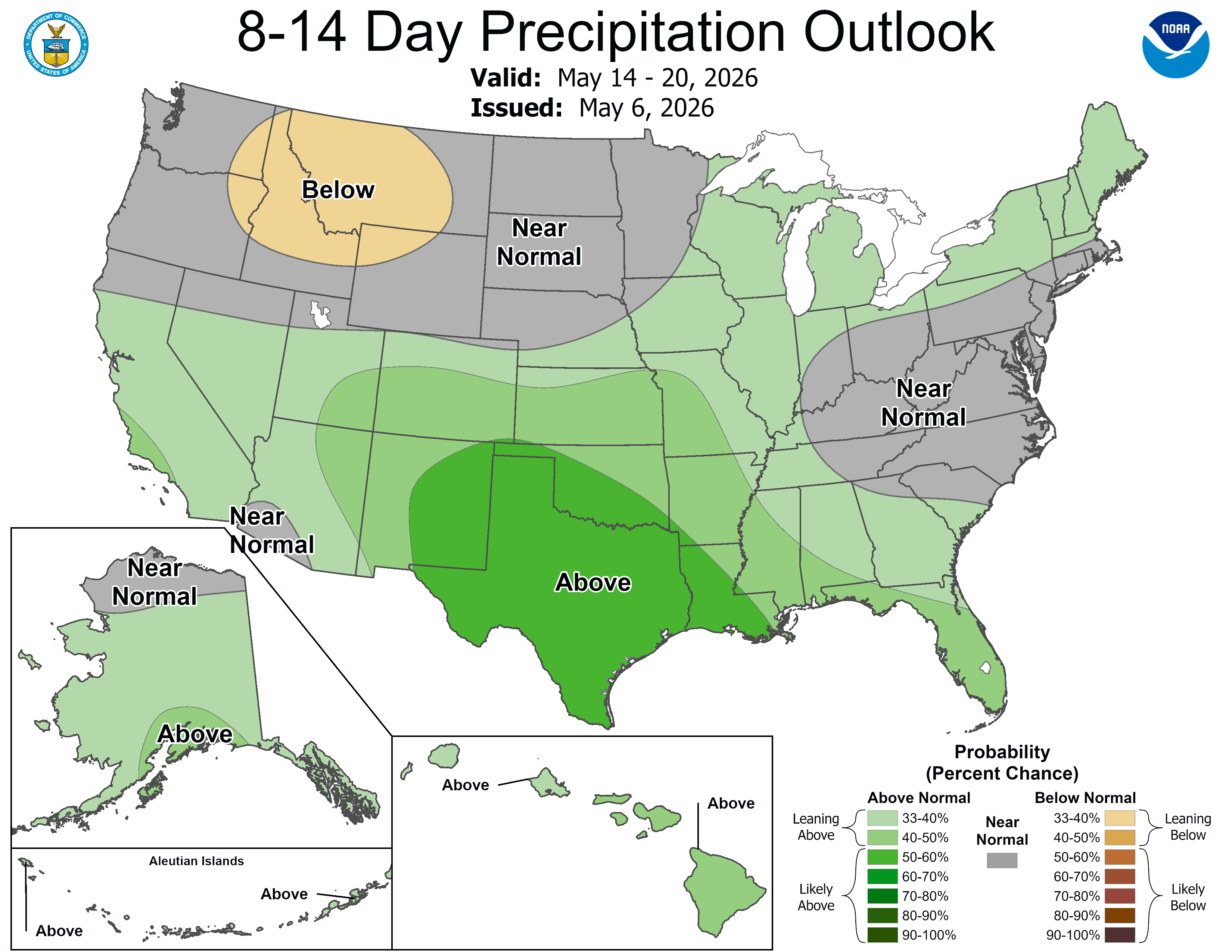 8-14 day U.S. precipitation outlook map with areas marked above, near, and below normal.