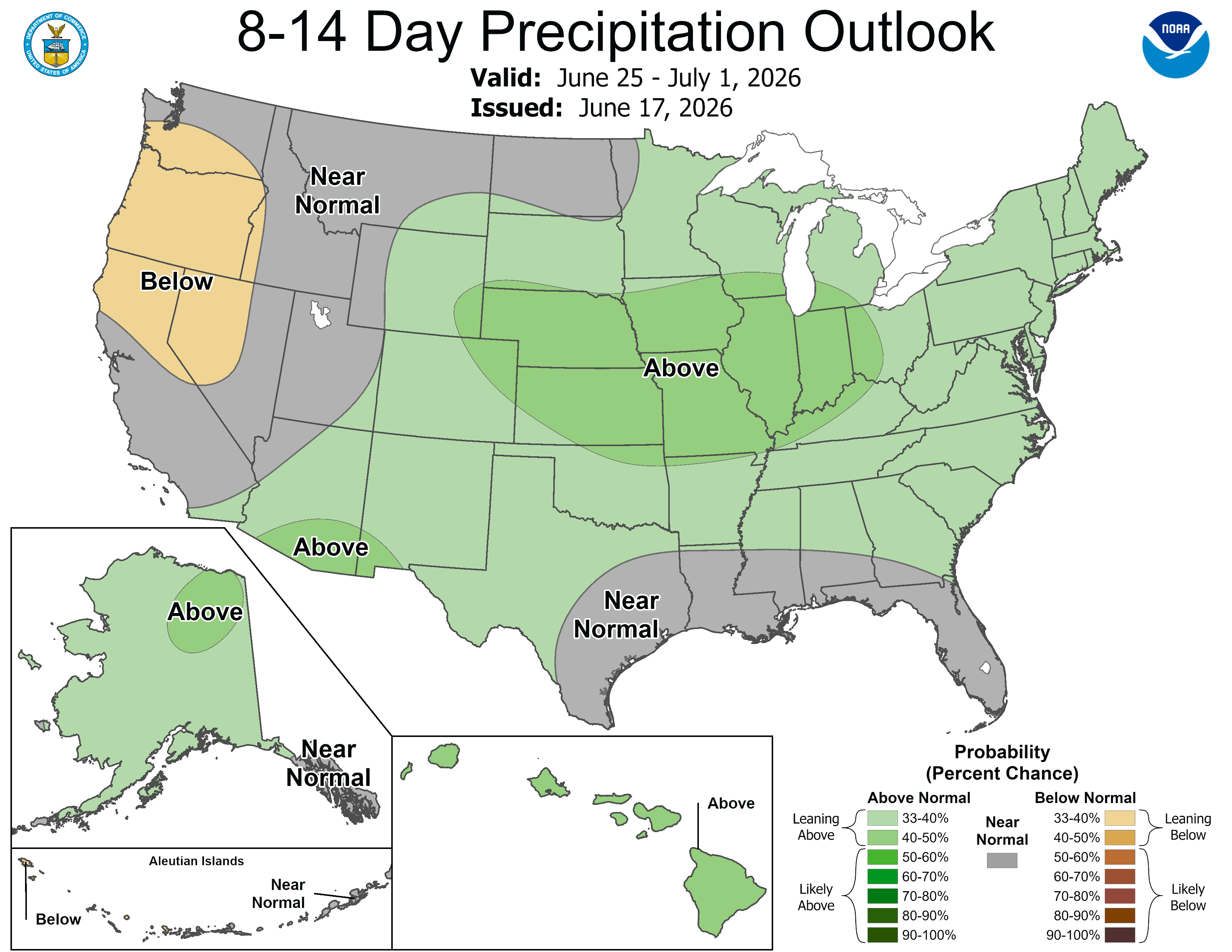 U.S. map showing 8-14 day precipitation outlook with areas labeled as above, below, or near normal.