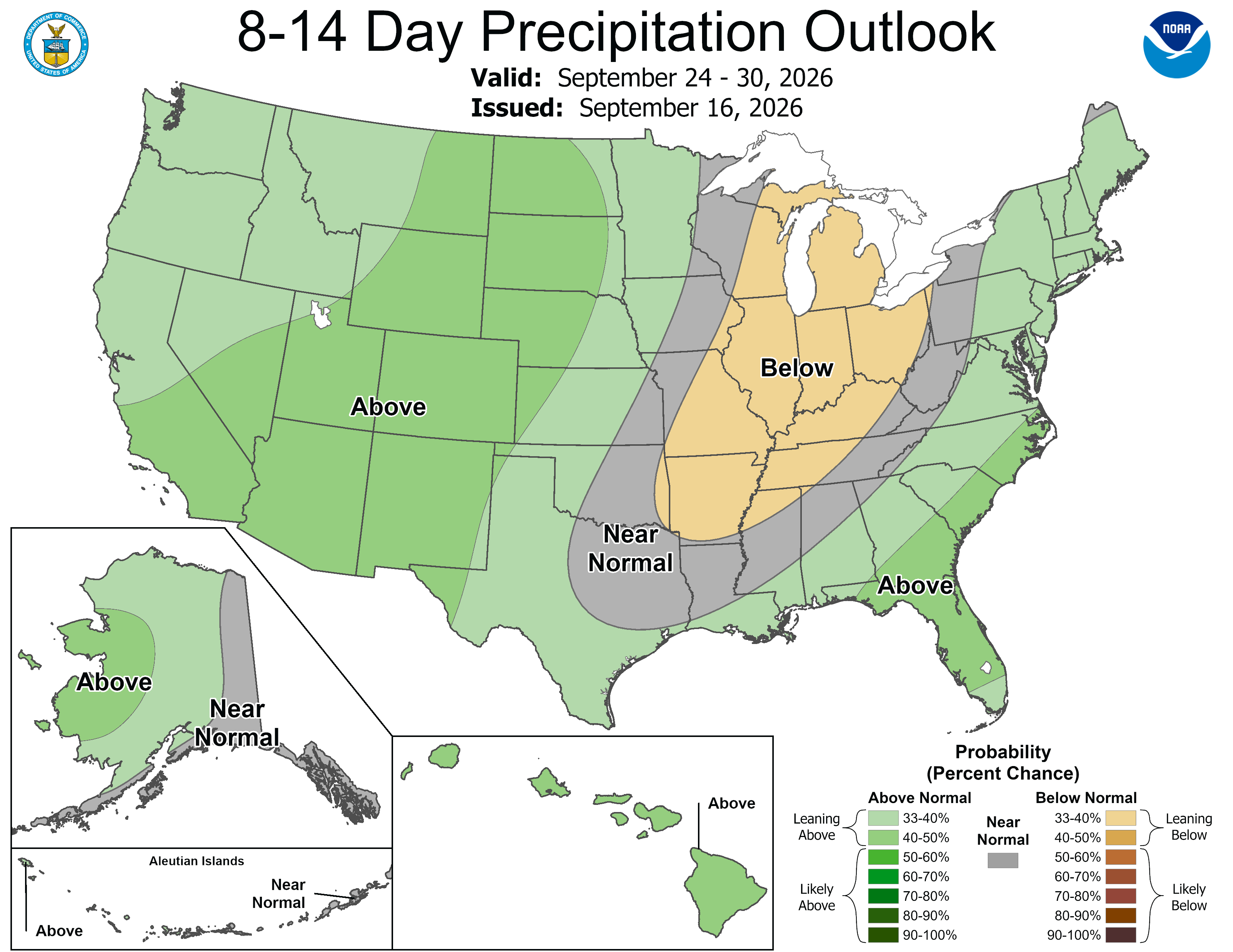 8-14 day precipitation forecast showing areas above, below, and near normal across U.S. regions.
