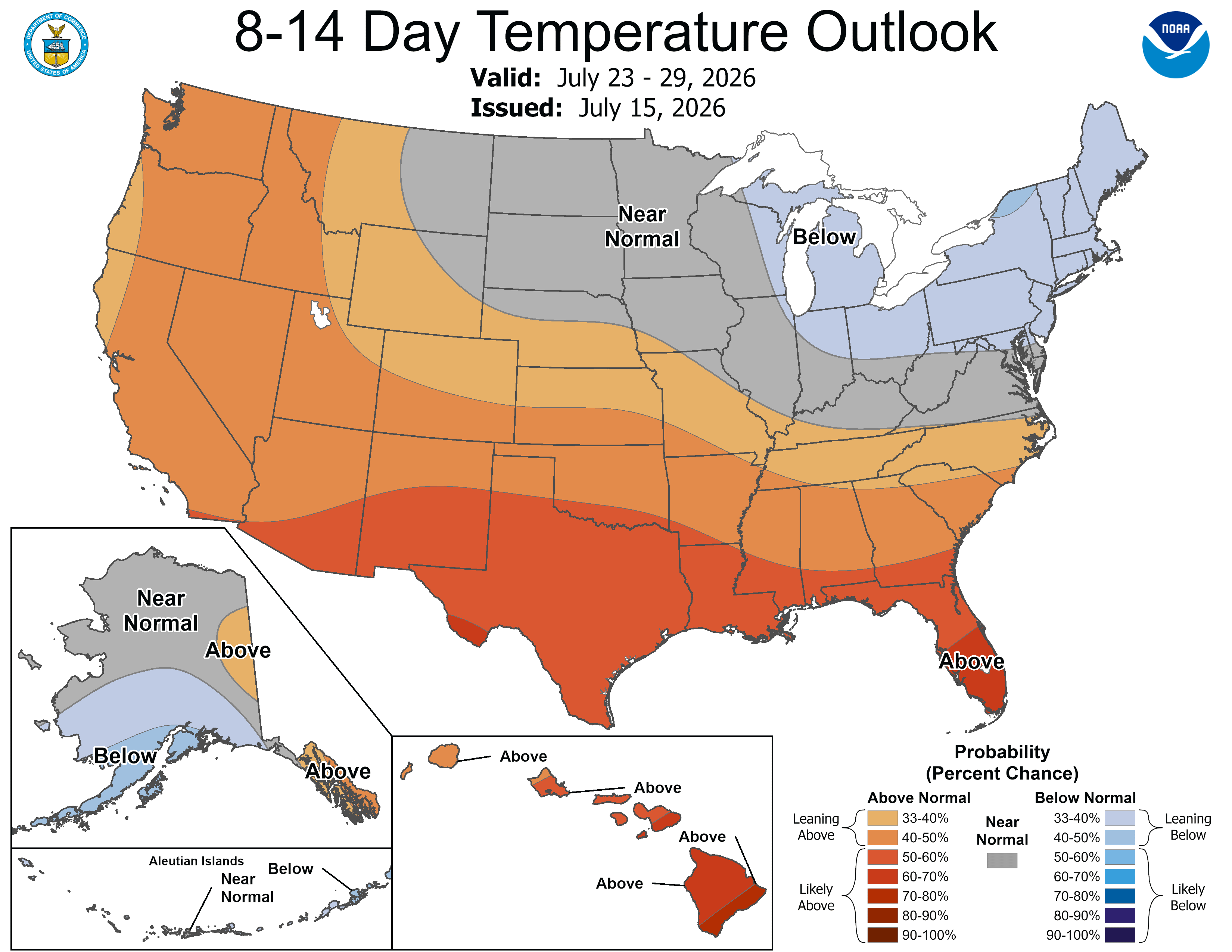 8-14 day temperature outlook map showing probabilities of above, near, or below normal temperatures.