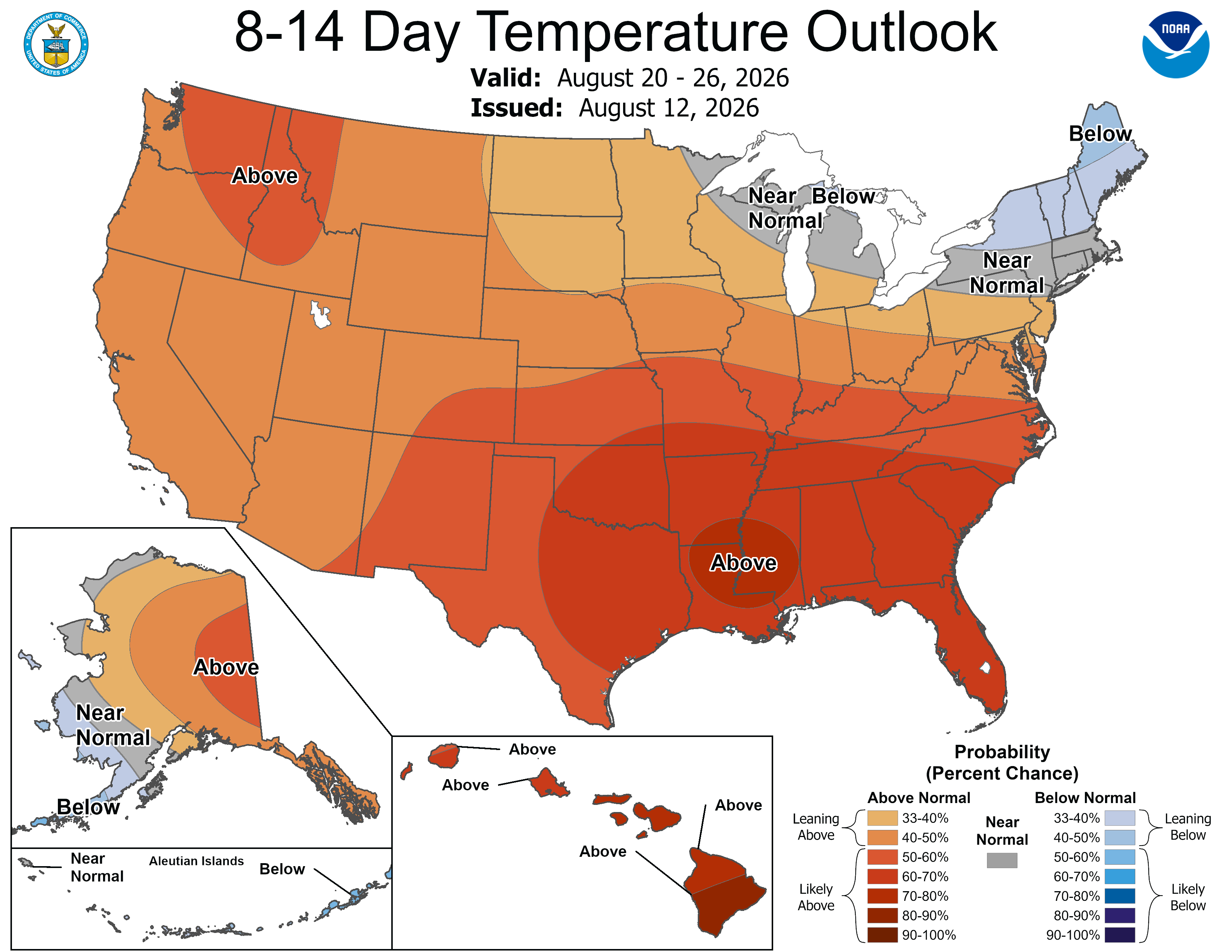 8–14 day U.S. temperature outlook map showing above-normal warmth in most regions, cooler in the north.