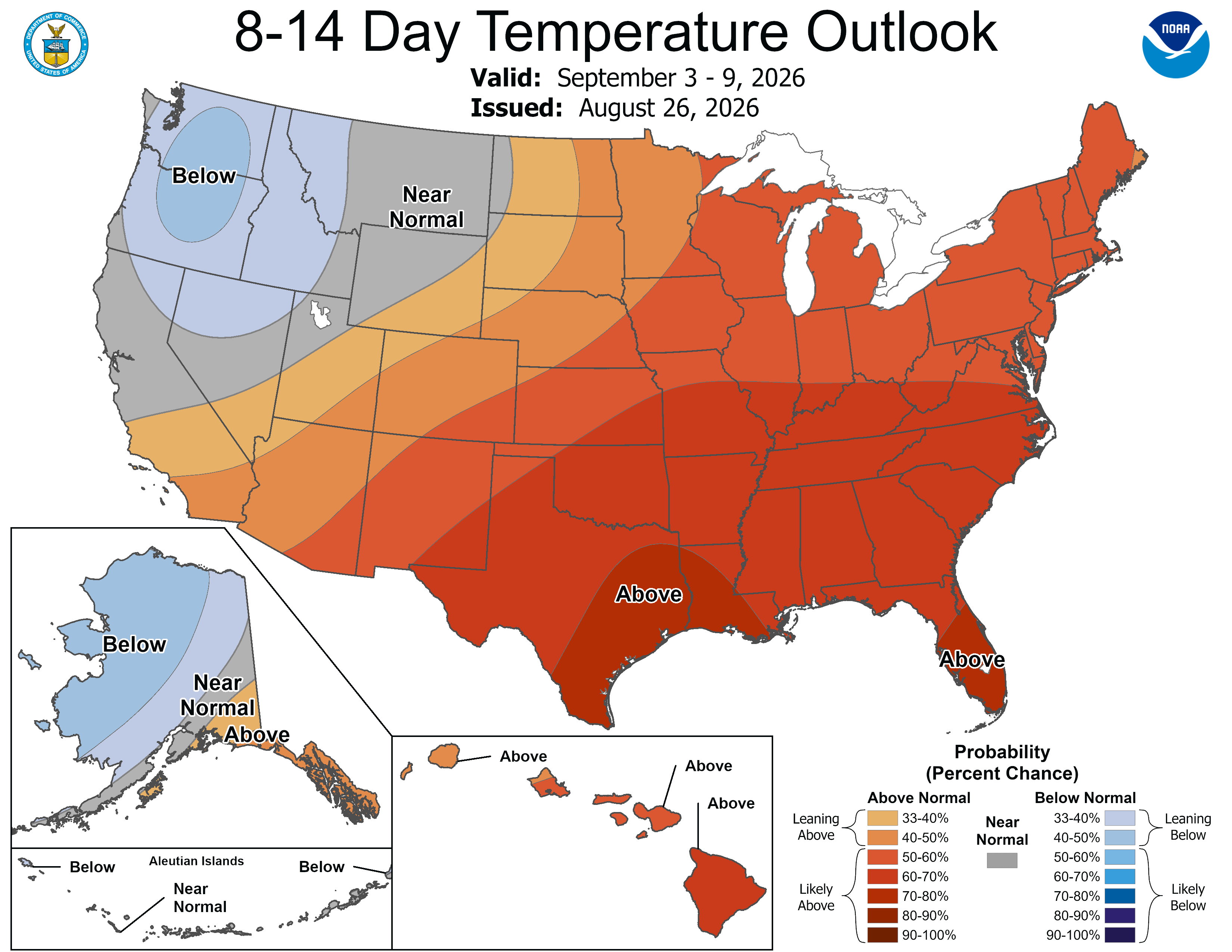 U.S. 8-14 day temperature outlook map showing below, near, and above-normal probabilities.