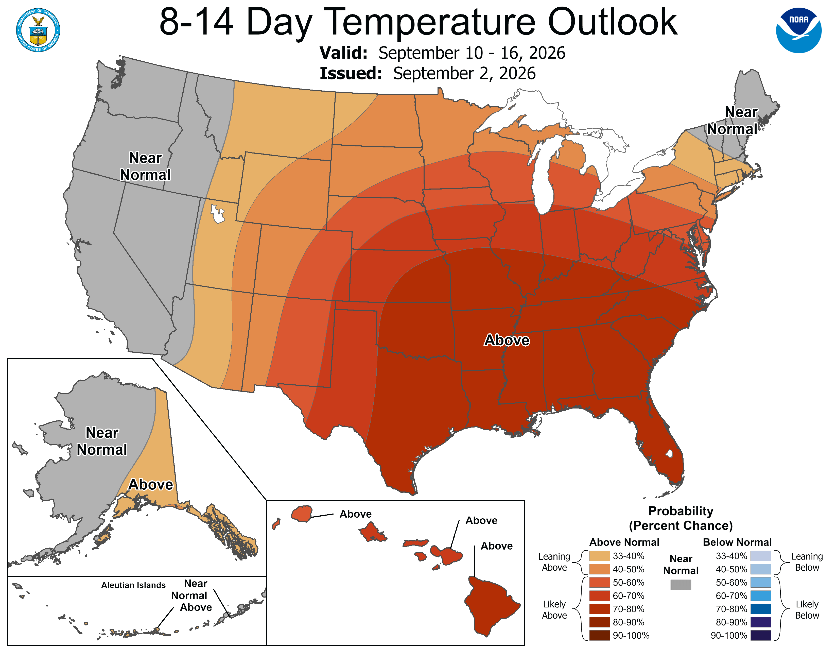 8-14 day temperature forecast map showing above-normal temperatures across most of the U.S.
