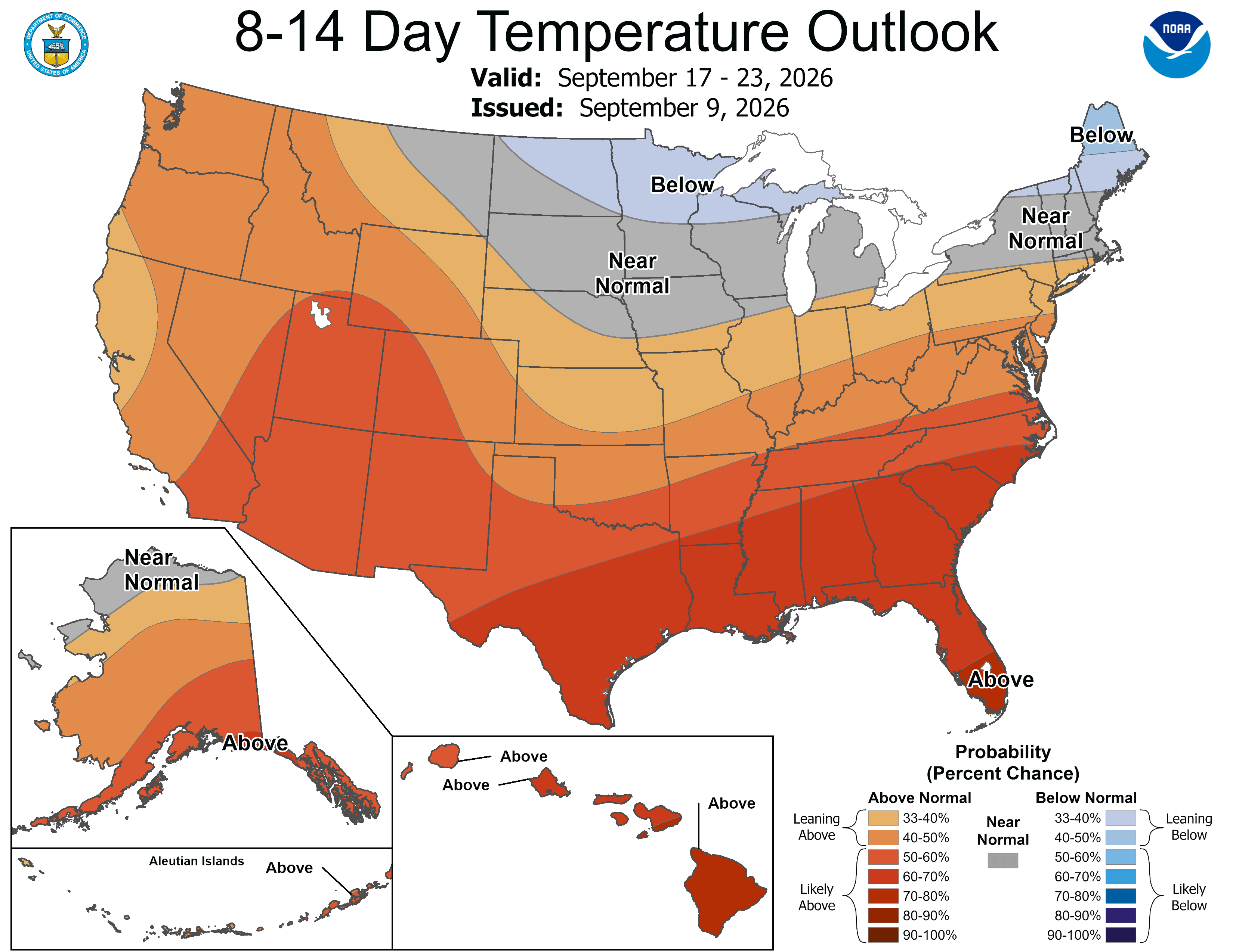 Forecast map showing temperature probabilities across the U.S., ranging from below to above normal.