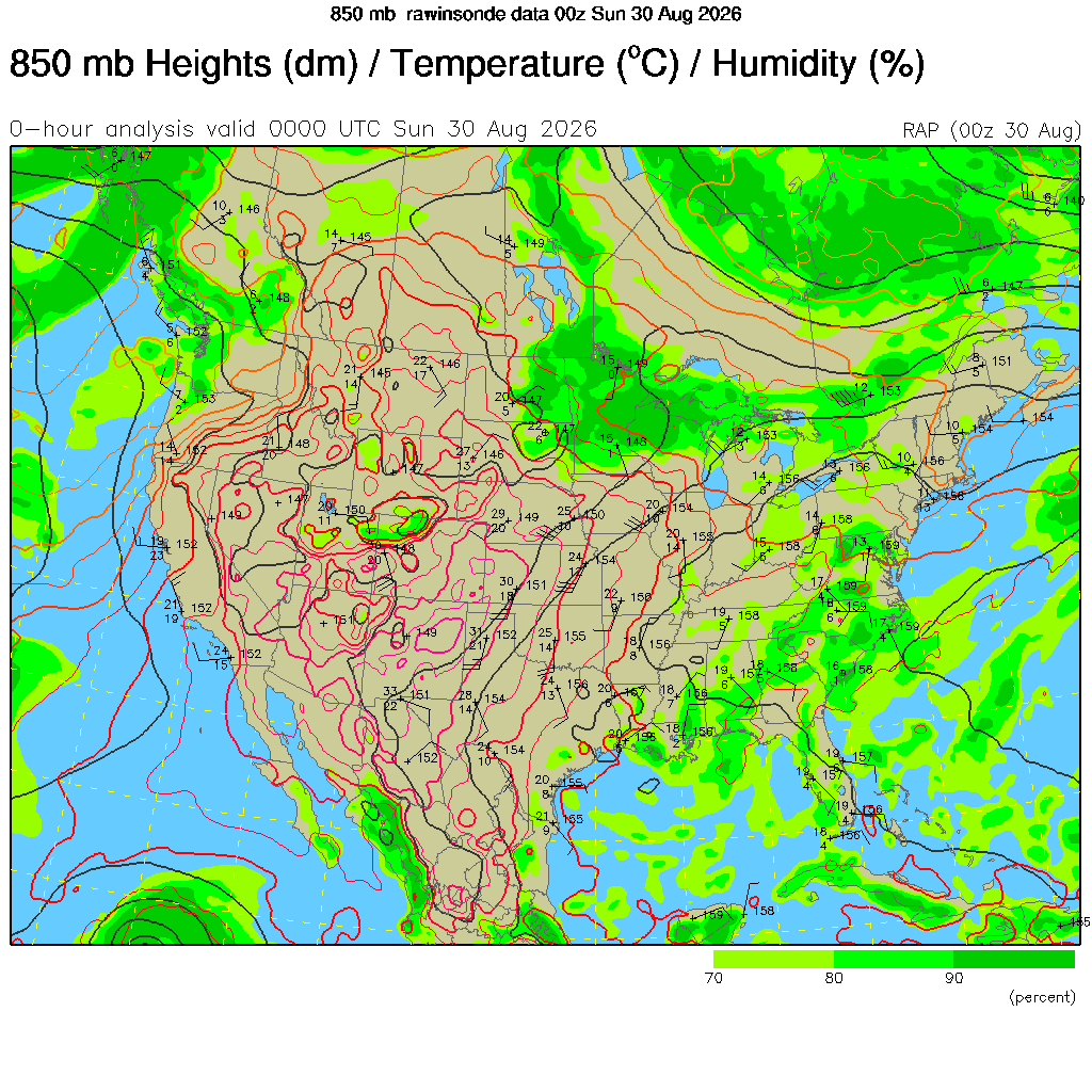 Colored weather map of North America showing temperature, humidity, and pressure levels.