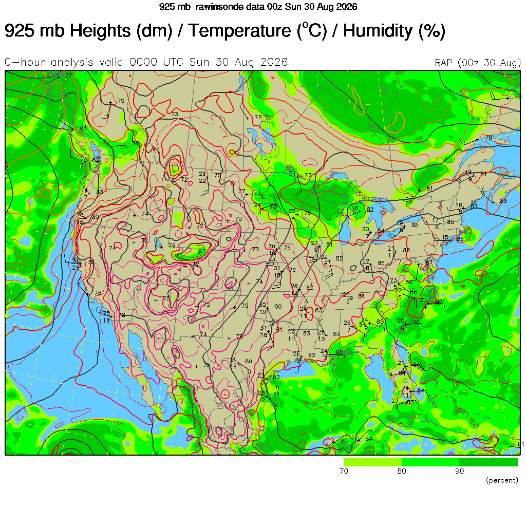 Weather map showing 925 mb heights, temperature, and humidity across North America in colorful gradients.