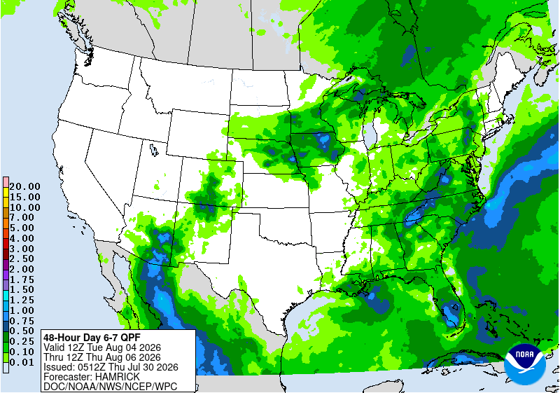 Weather map of the U.S. showing precipitation forecast with green and blue shading.