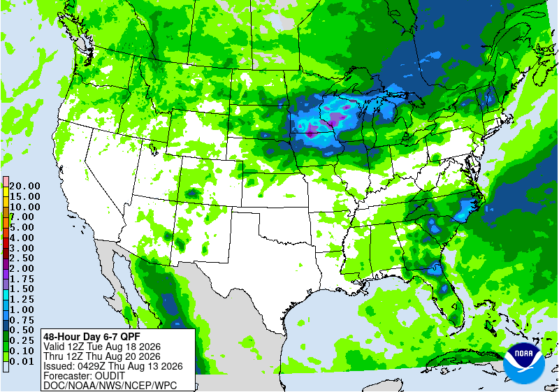U.S. map showing forecasted 48-hour precipitation with varying intensity, heaviest in central regions.