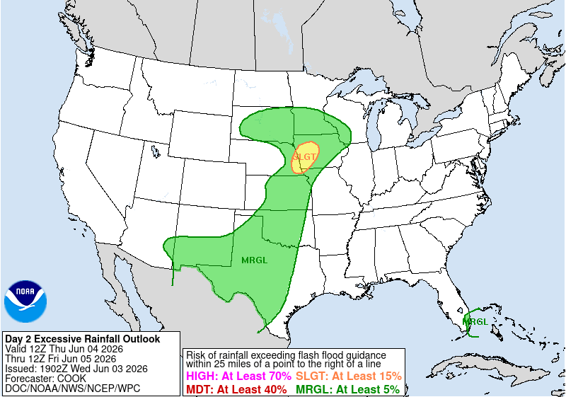 Map of the U.S. showing excessive rainfall outlook with green and yellow risk areas.