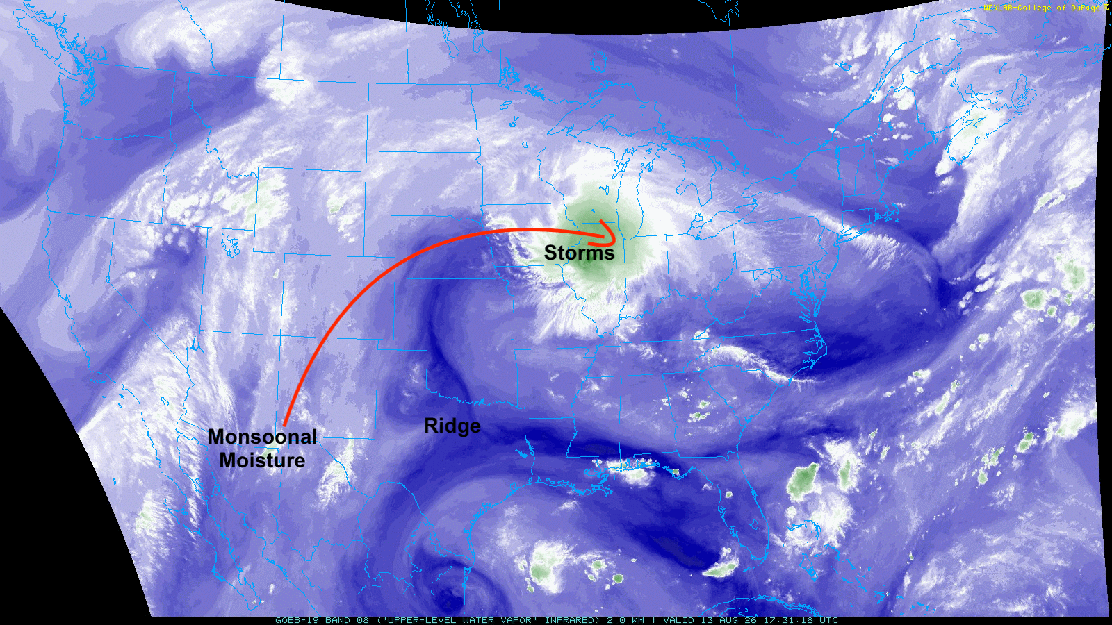 Weather map showing monsoonal moisture moving towards a storm system over the central United States.
