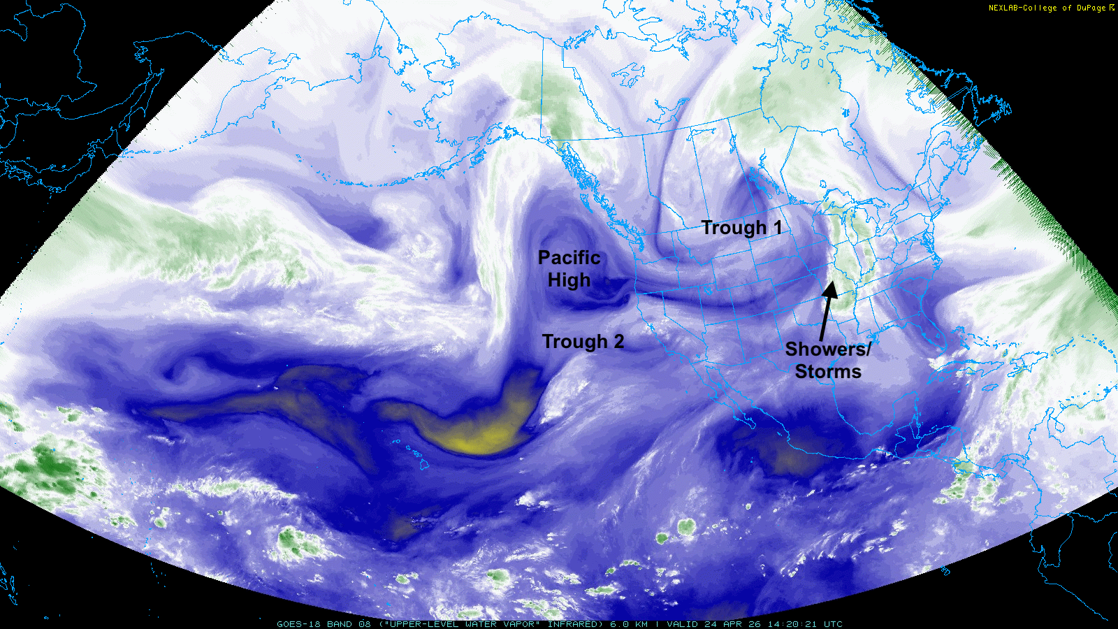 Satellite image showing atmospheric flow with labeled troughs, Pacific high, and storms over North America.