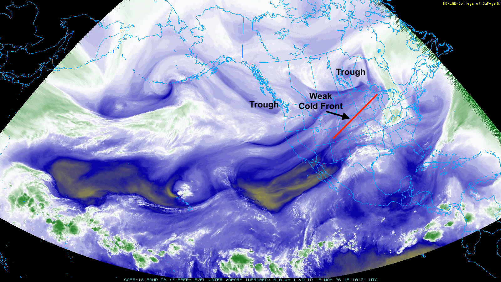 Satellite image showing atmospheric troughs and a weak cold front over North America and nearby regions.