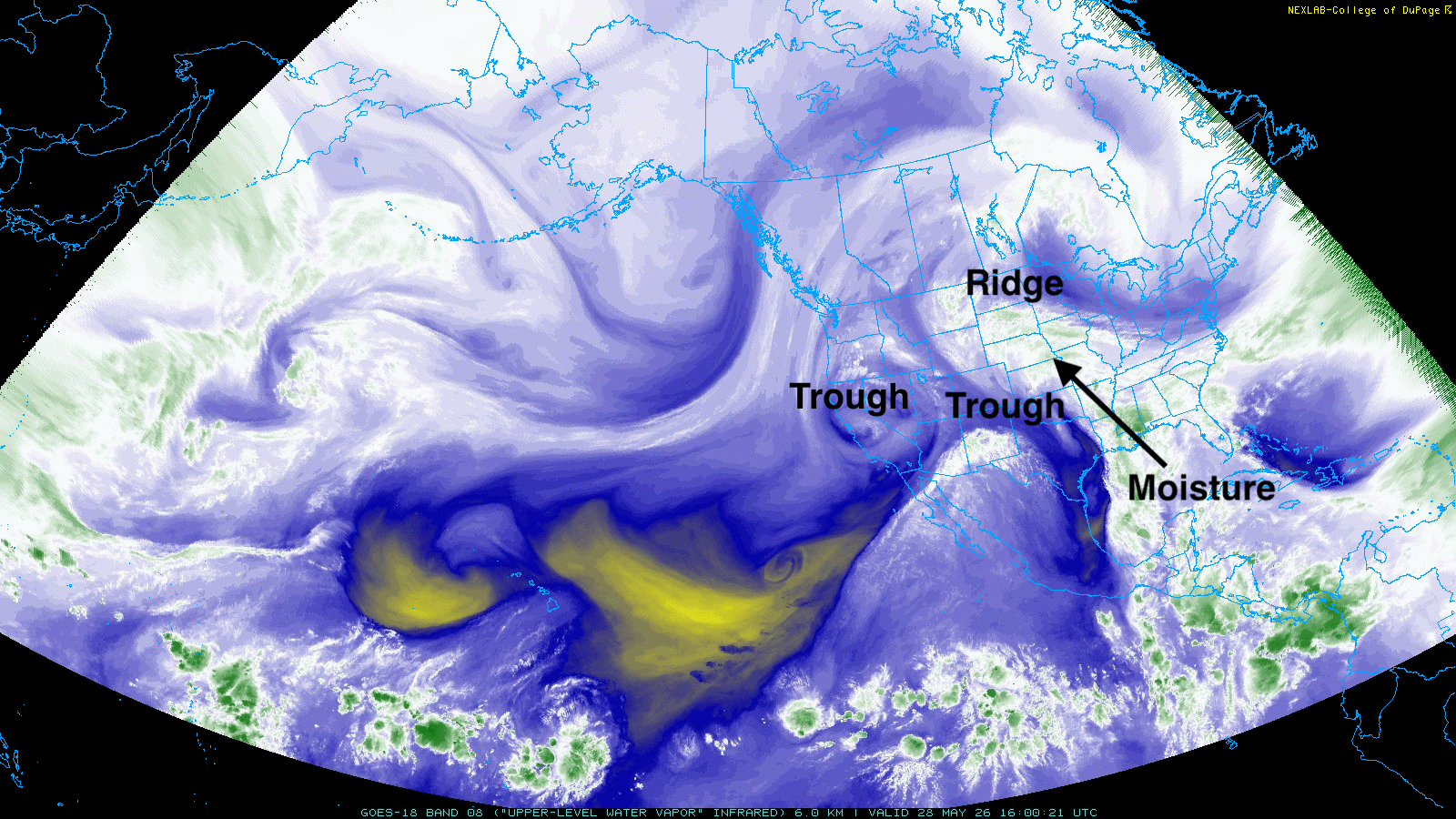Satellite image showing swirling clouds, ridges, troughs, and moisture patterns over North America.
