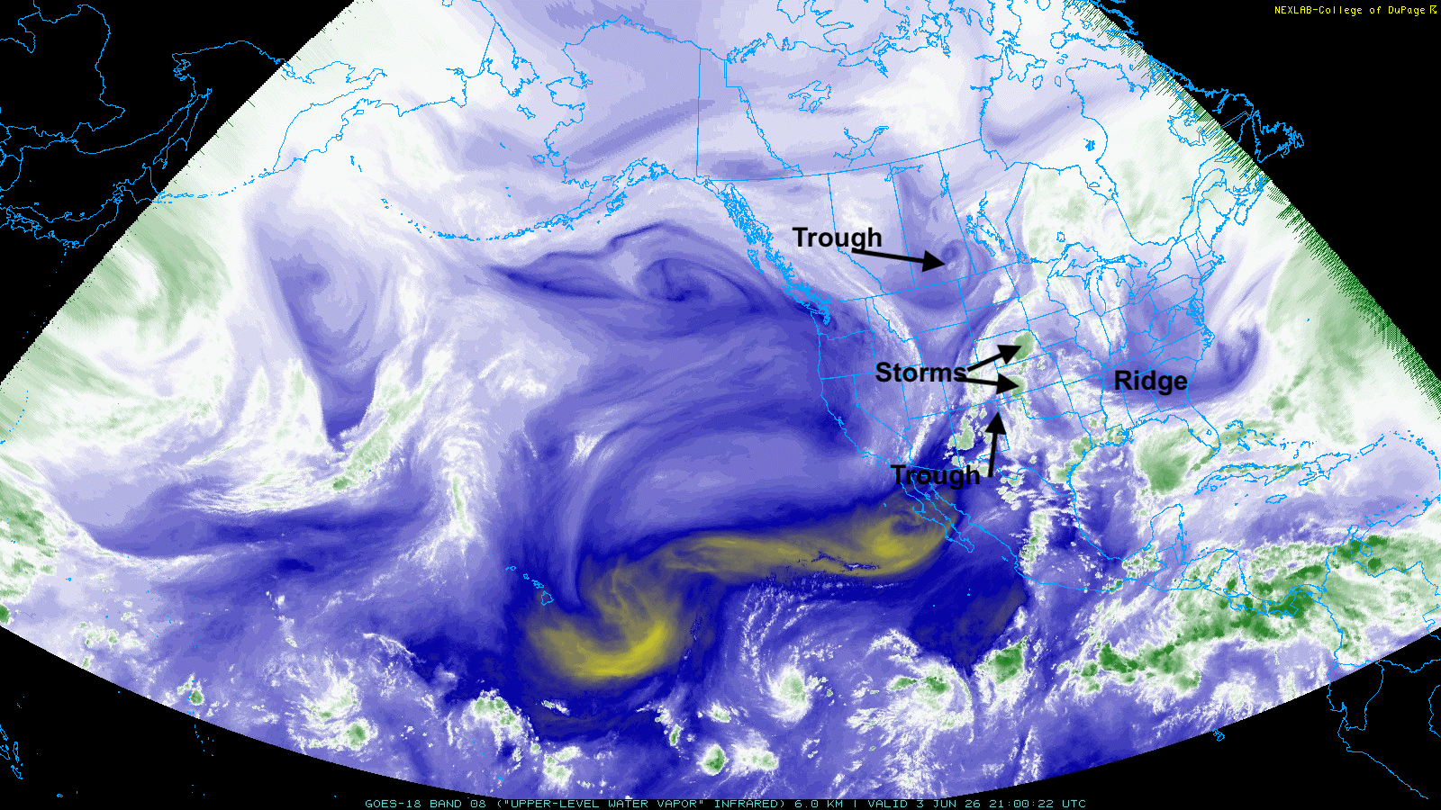 Colorful weather satellite map showing troughs, storms, and ridges over North America and the Pacific.