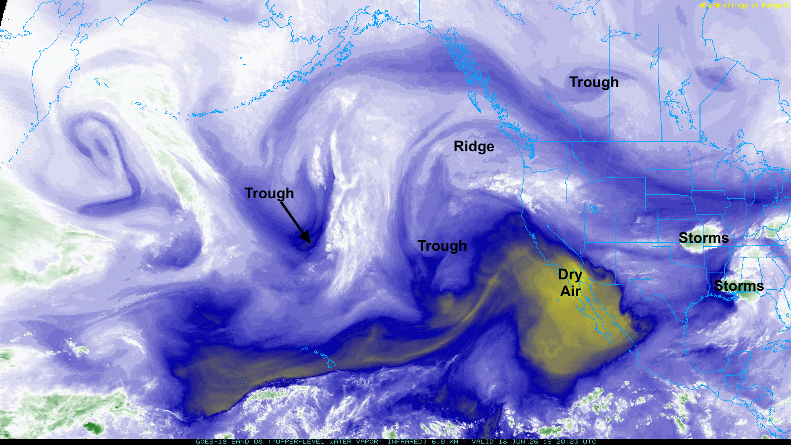 Satellite weather map showing troughs, ridges, dry air, and storm regions over the Pacific and the U.S.