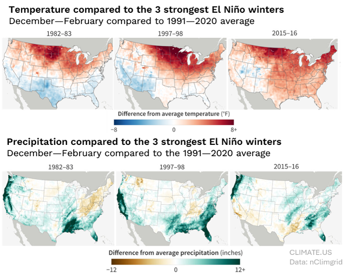 Maps showing U.S. temperature and precipitation differences during strong El Niño winters.