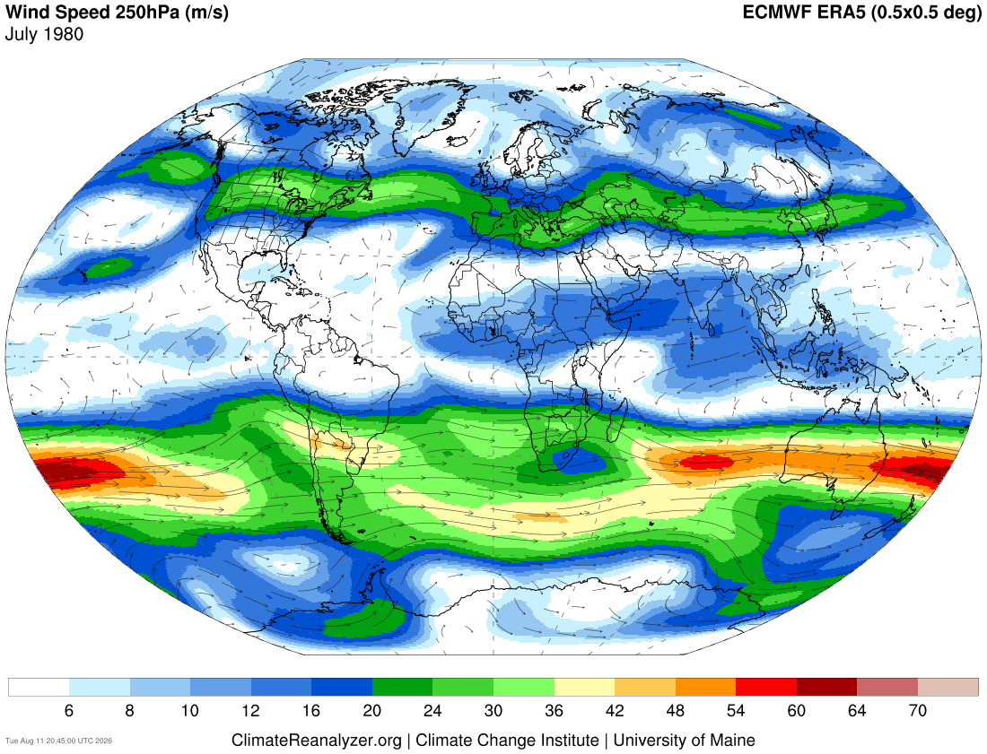 Global map showing wind speeds at 250 hPa in July 1980, with varying colors representing intensity.