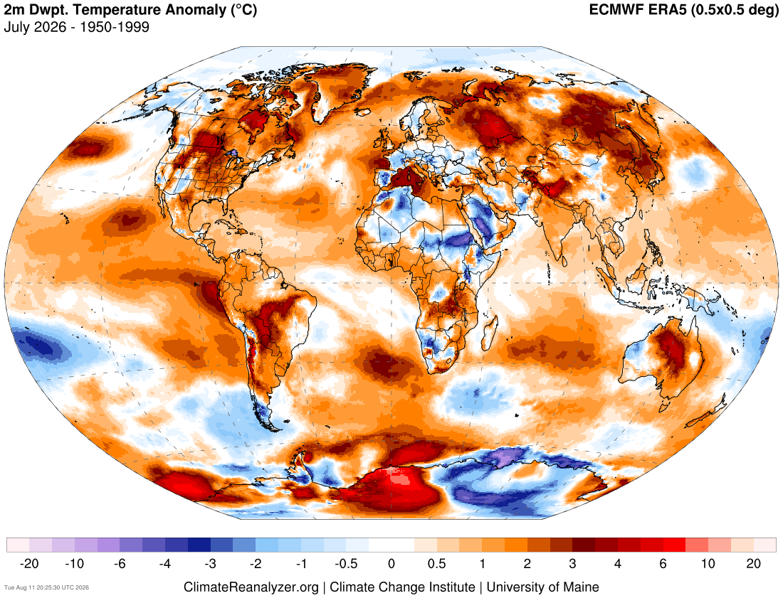 Global temperature anomaly map showing warmer and cooler regions, shaded in red and blue tones.