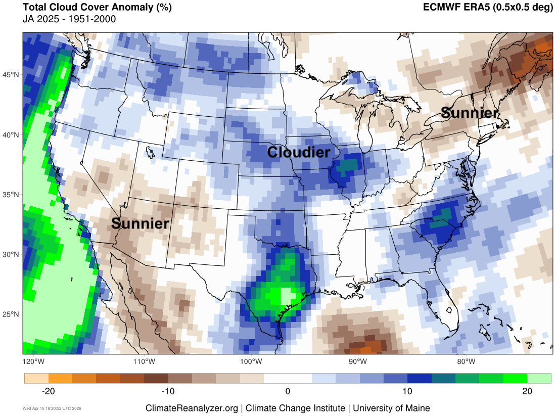 Cloud cover anomaly map of the U.S.; sunnier in the west and east, cloudier in the central region.