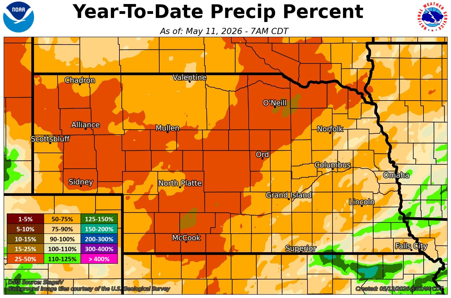 Year-to-date precipitation percentages for Nebraska and surrounding areas with a color-coded map.