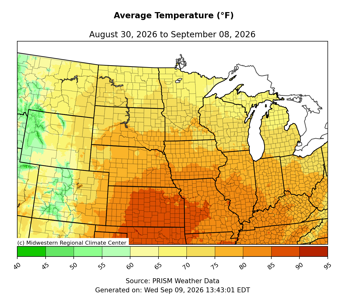Map showing average temperatures across the Midwest from August 30 to September 8, 2026, shaded in warm tones.
