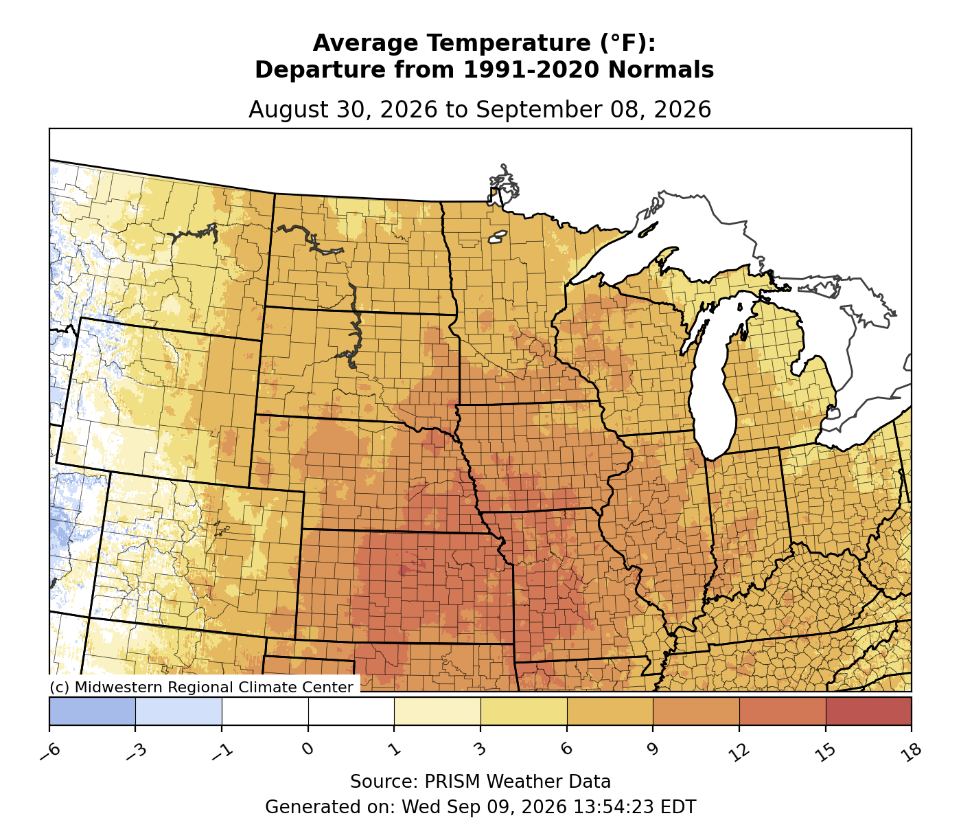 Temperature map of central U.S. showing deviations from 1991-2020 normals in warm tones.