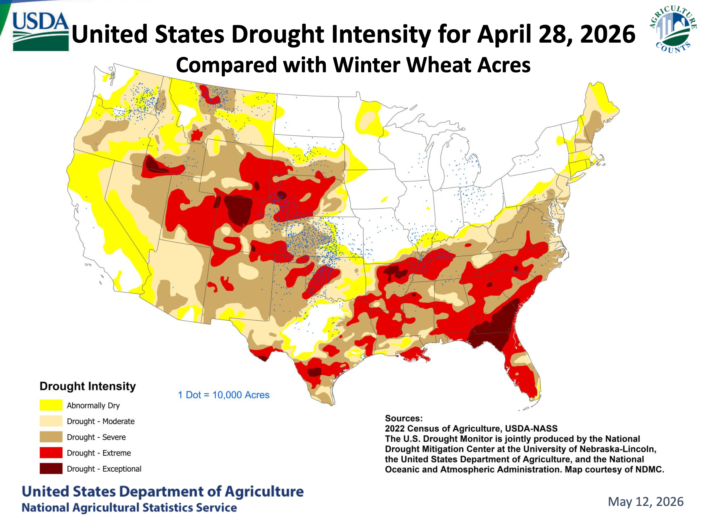 Map of U.S. showing drought intensity levels on April 28, 2026, with winter wheat acreage overlay.