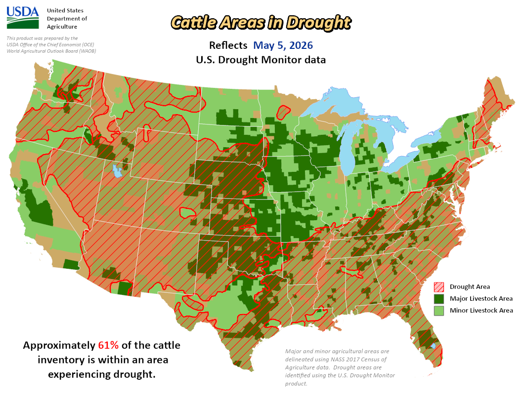 Map of the U.S. showing cattle drought areas marked in red and green.