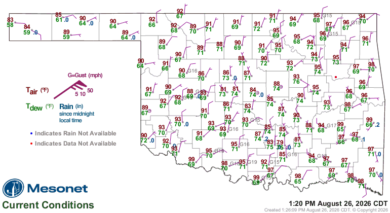 Map of Oklahoma with weather data, showing current temperatures, wind speed, and rain indicators.
