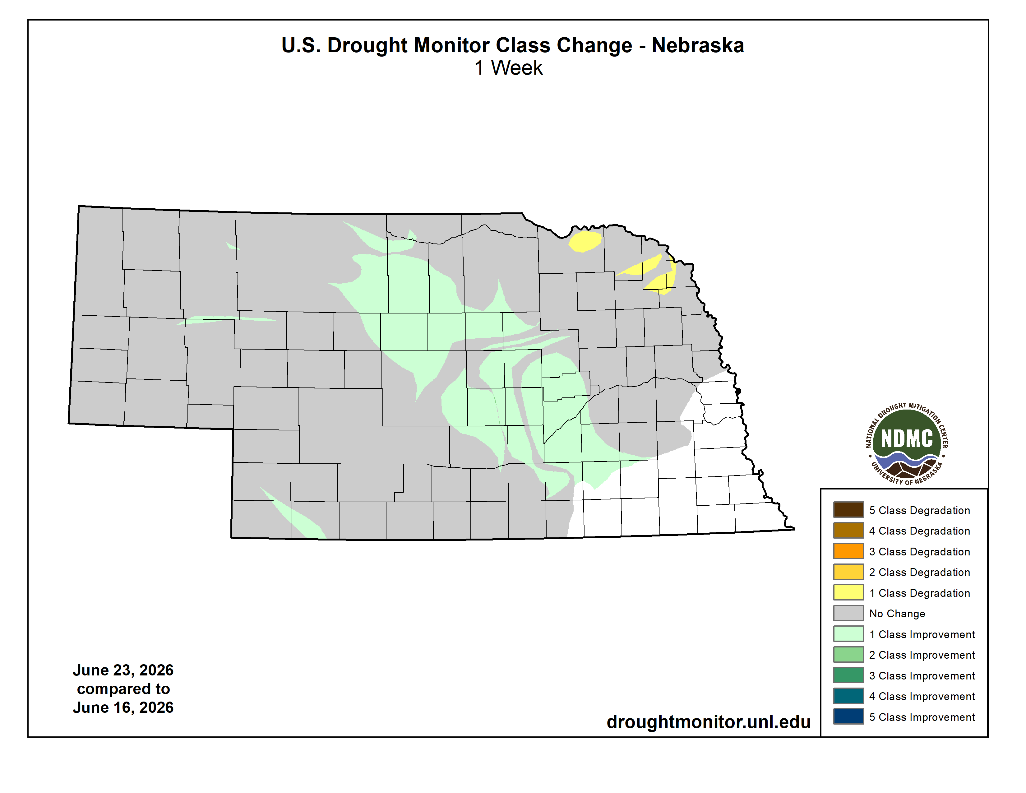 Nebraska map showing drought condition changes with color-coded areas of improvement and degradation.