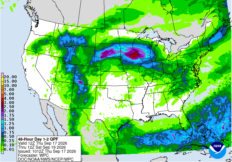 48-hour precipitation forecast map for the U.S. showing rainfall distribution in varying colors.