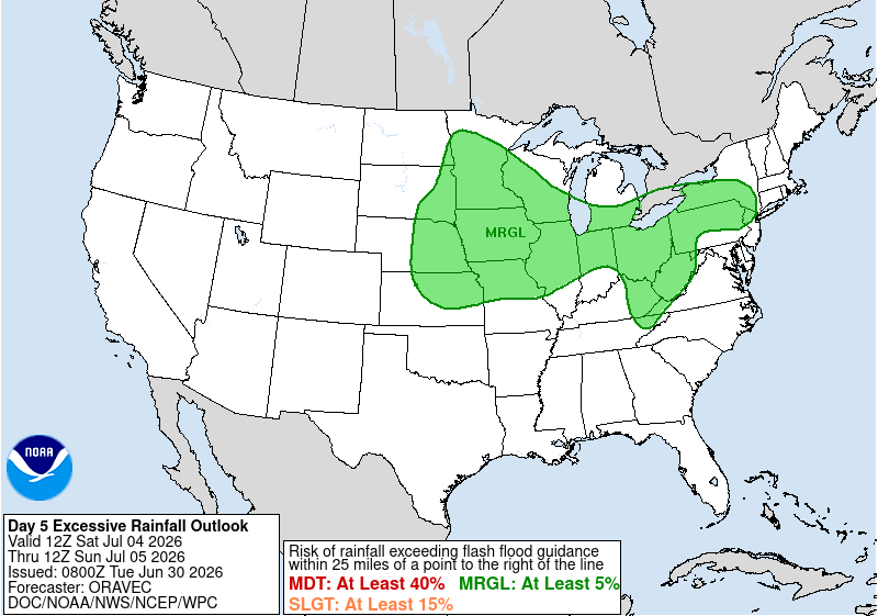 Map showing a green shaded area across central and eastern U.S. indicating marginal rainfall risk.