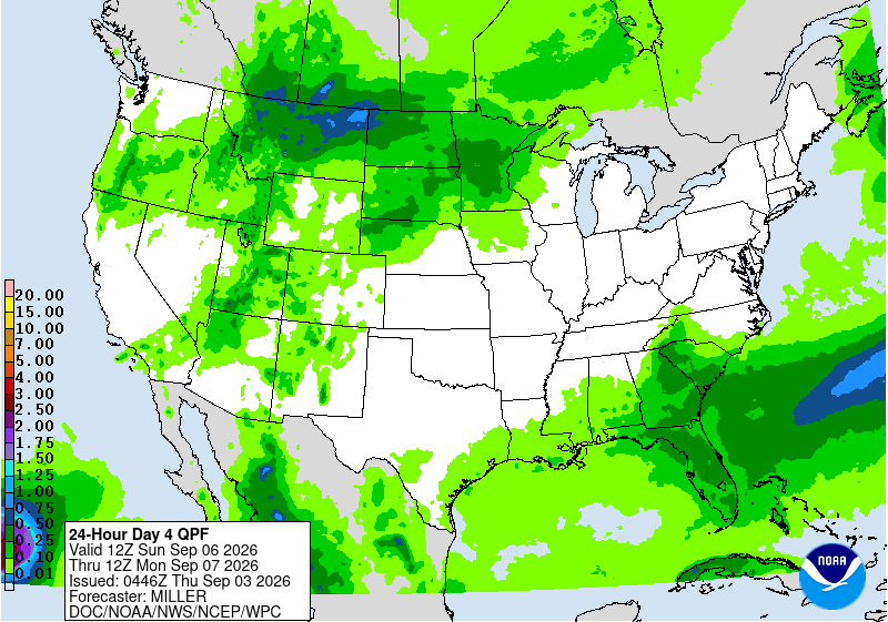 U.S. map showing precipitation forecast with varying green color intensity and NOAA logo in the corner.