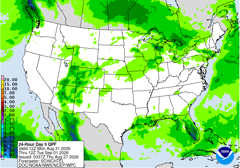 U.S. map showing rainfall forecasts, shaded in varying green tones indicating precipitation levels.
